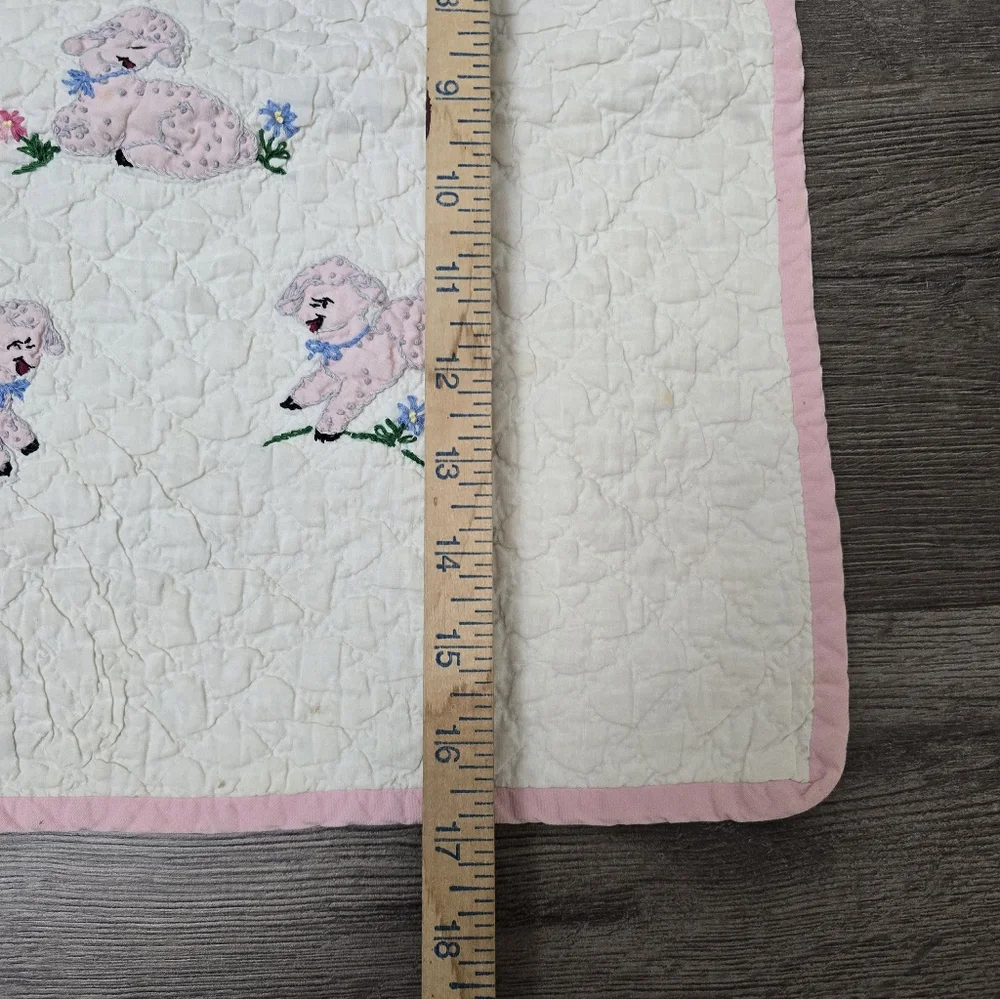 Vtg Handmade Quilt Emroidery Baby Blanket Decor Lamb Flowers Pink Nursery